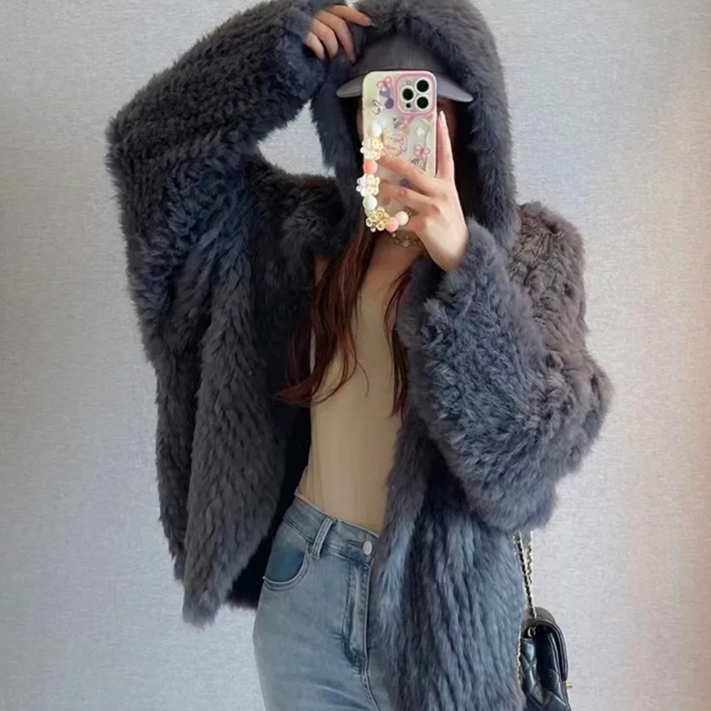 100% Natural Real Rabbit Thick Fur Coat Fur Warm Jacket Loose - Picture 2 of 4